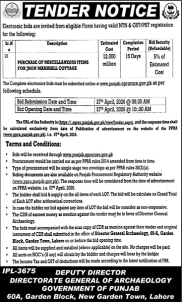 Purchase of Miscellaneous Items for Ikon Marshall Cottage - Directorate General of Archaeology, Government of Punjab